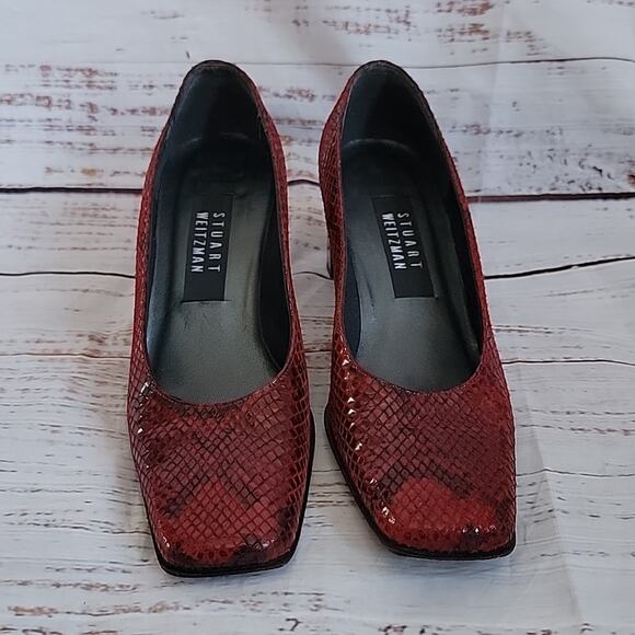 80s Vintage Stuart Weitzman Cherry Red Snakeskin Embossed Leather Heels Size 6 - Picture 2 of 12